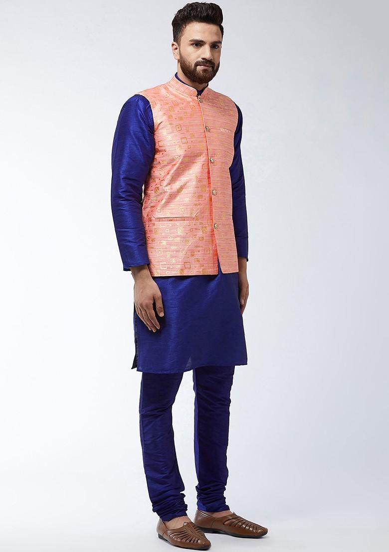 Blue Solid Poly Blend Kurta Set For Men