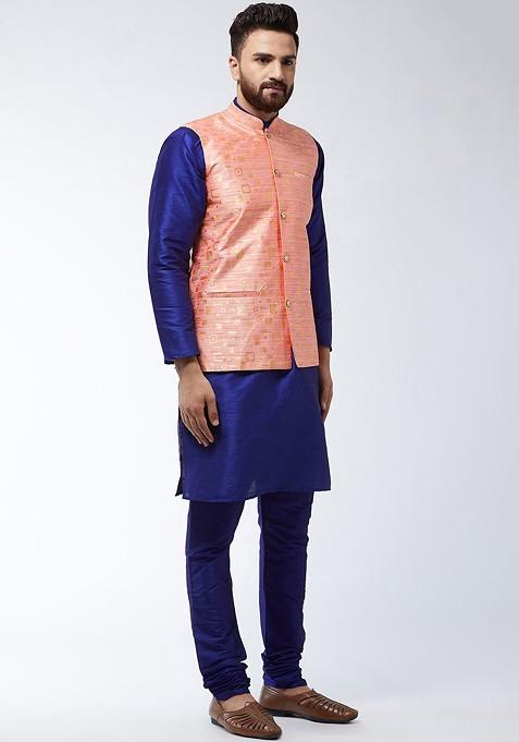 Blue Solid Poly Blend Kurta Set For Men