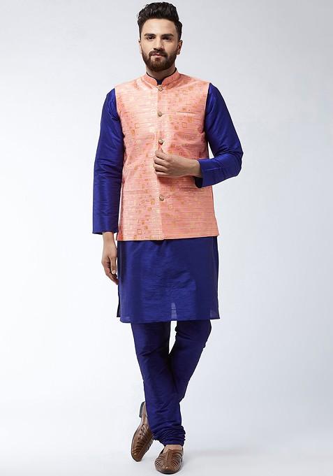Blue Solid Poly Blend Kurta Set For Men