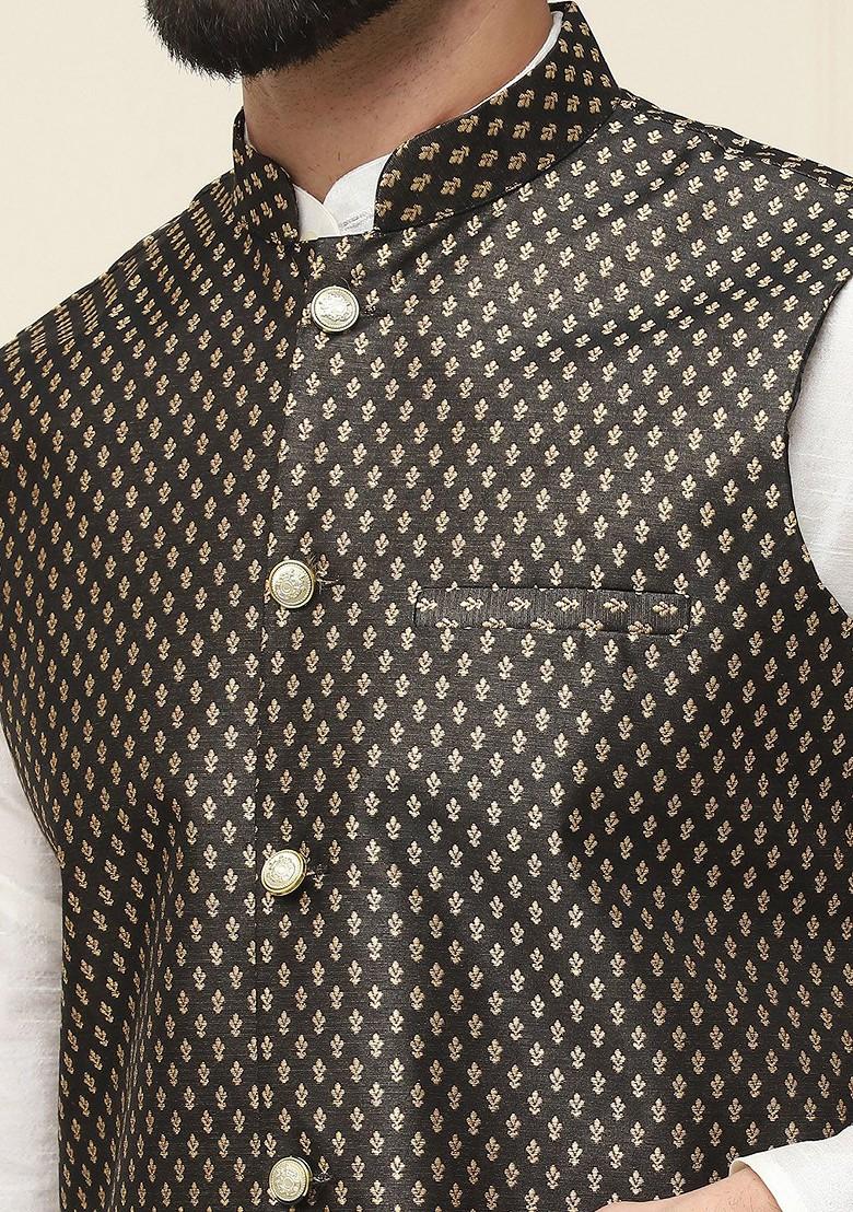 Off White Solid Poly Blend Kurta Set For Men