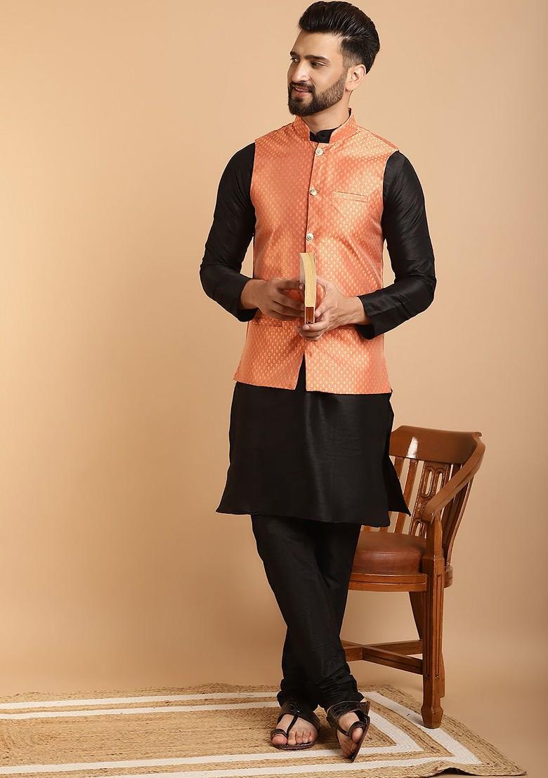 Black Solid Poly Blend Kurta Set For Men