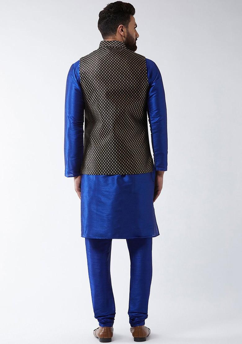 Blue Solid Poly Blend Kurta Set For Men