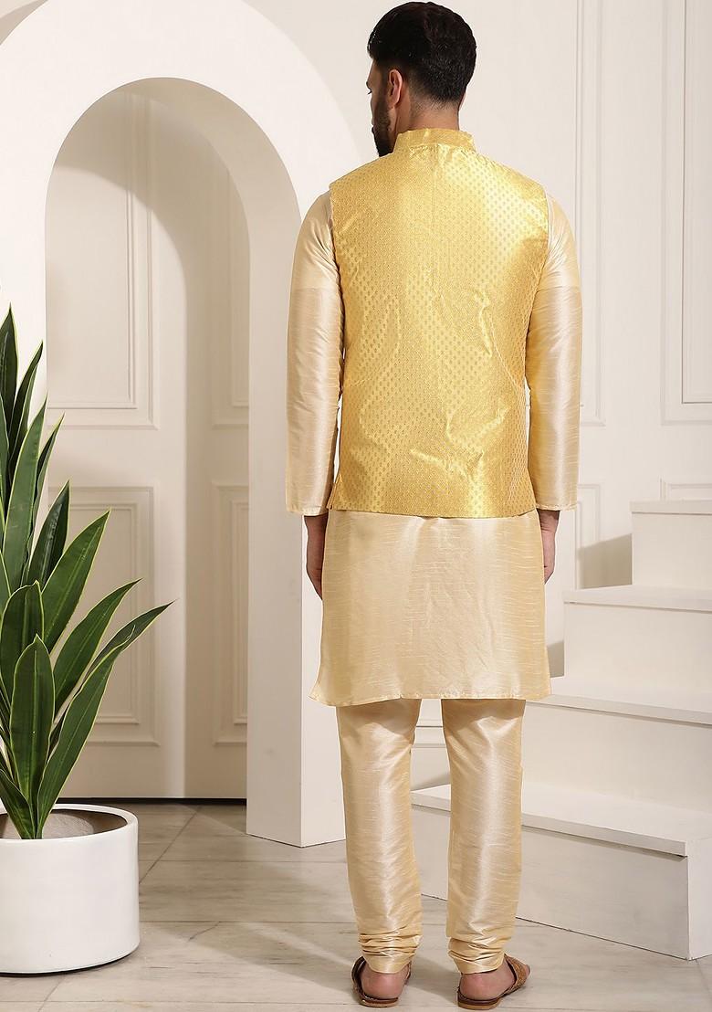 Gold Solid Poly Blend Kurta Set For Men