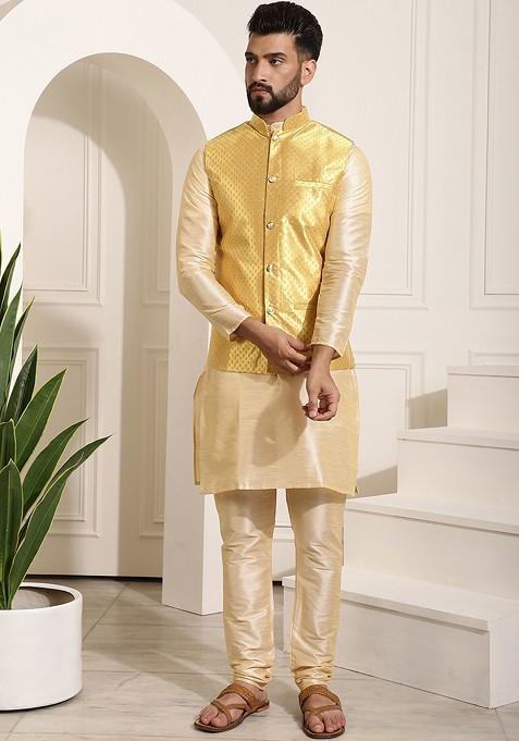 Gold Solid Poly Blend Kurta Set For Men