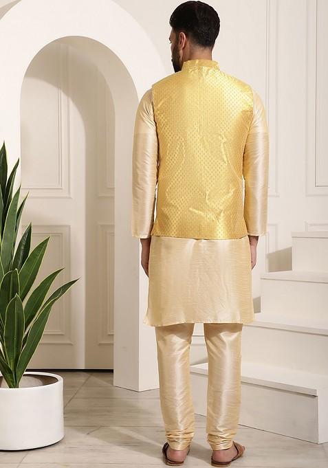 Gold Solid Poly Blend Kurta Set For Men
