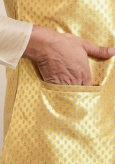 Gold Solid Poly Blend Kurta Set For Men