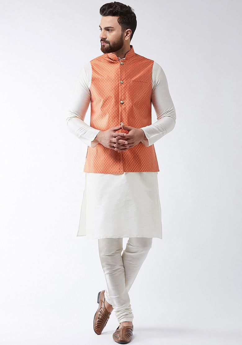 Off White Solid Poly Blend Kurta Set For Men