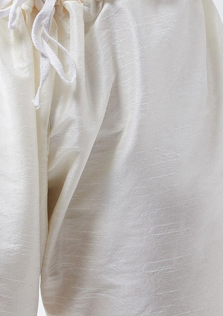 Off White Solid Poly Blend Kurta Set For Men