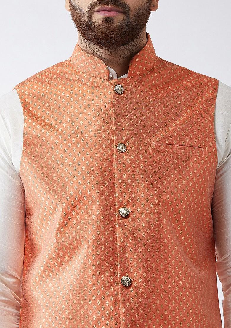 Off White Solid Poly Blend Kurta Set For Men