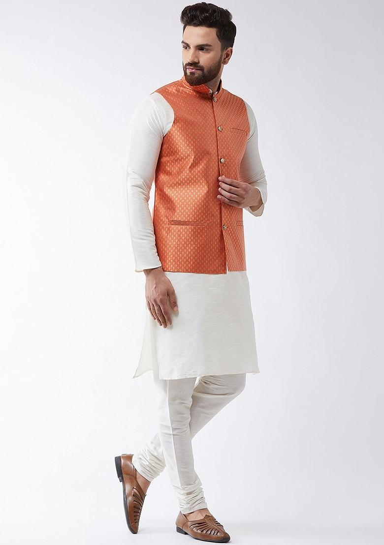 Off White Solid Poly Blend Kurta Set For Men