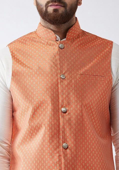 Off White Solid Poly Blend Kurta Set For Men