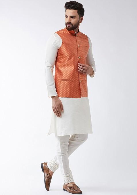 Off White Solid Poly Blend Kurta Set For Men