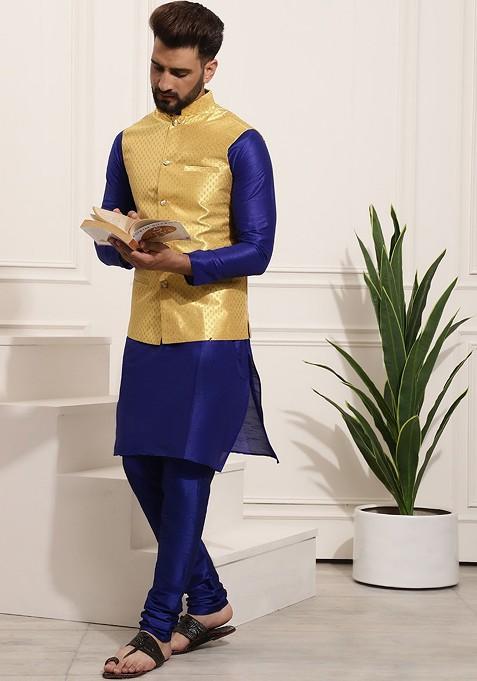 Blue Solid Poly Blend Kurta Set For Men