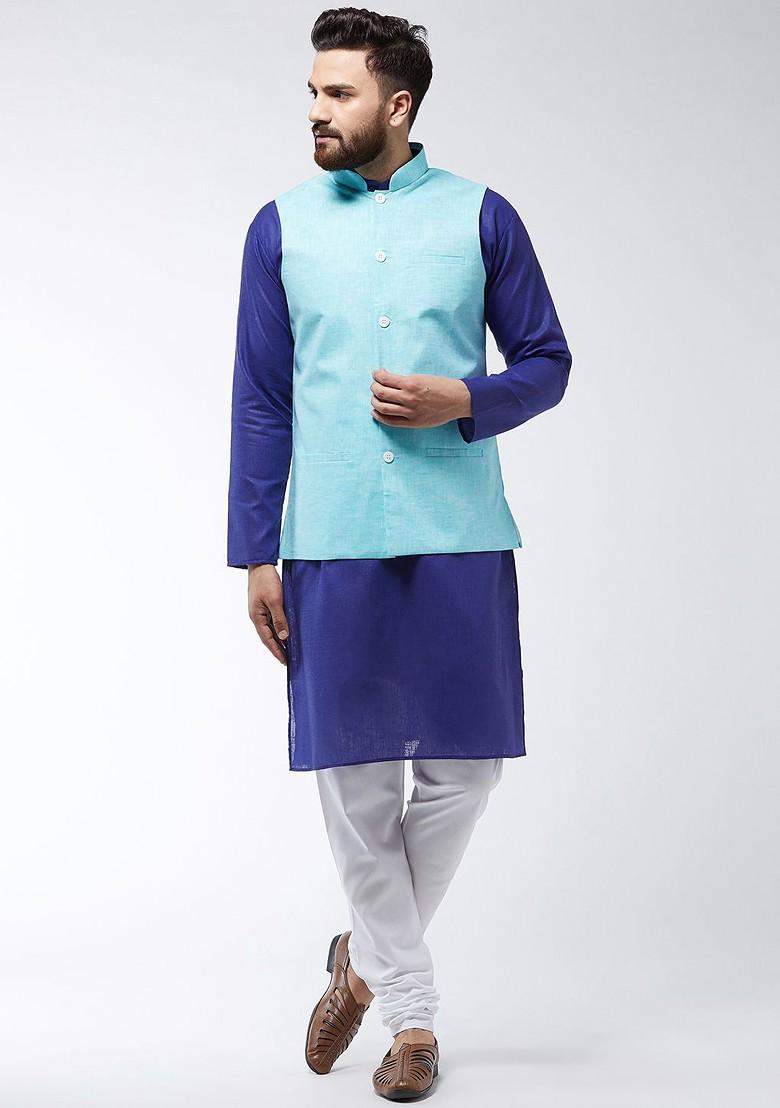 Blue Solid Poly Blend Kurta Set For Men