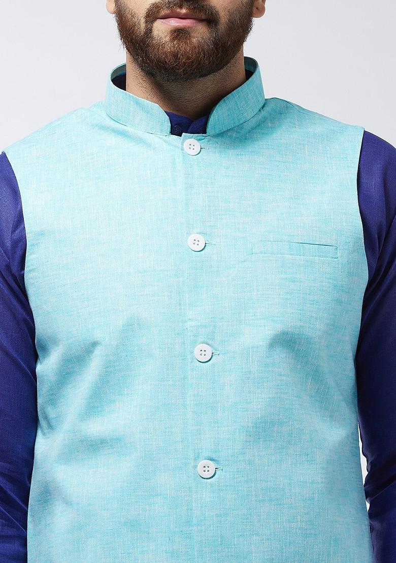 Blue Solid Poly Blend Kurta Set For Men