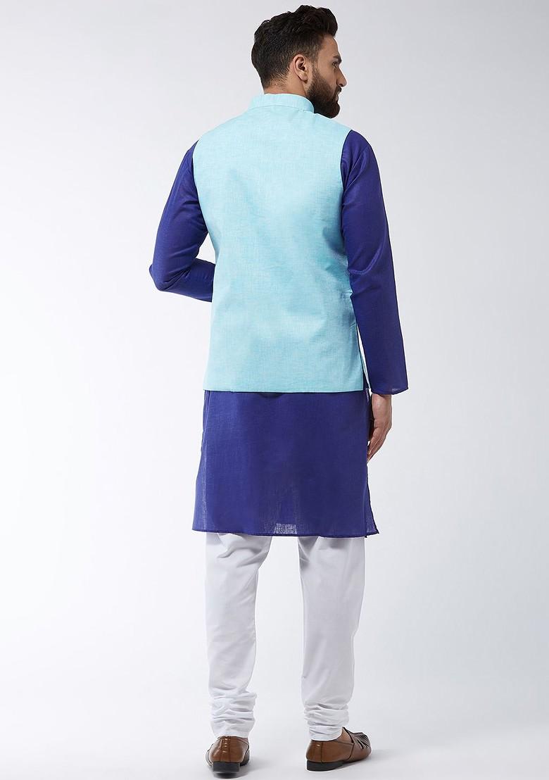 Blue Solid Poly Blend Kurta Set For Men