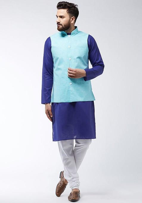 Blue Solid Poly Blend Kurta Set For Men