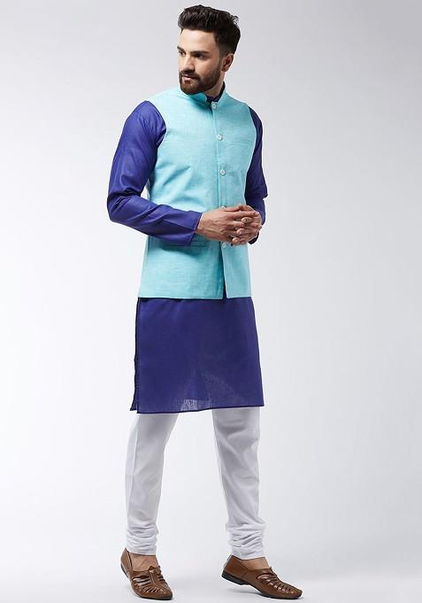 Blue Solid Poly Blend Kurta Set For Men