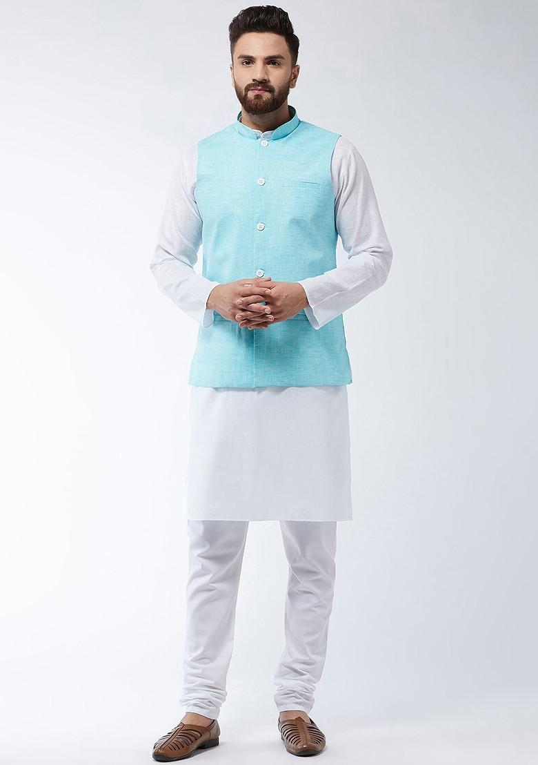 White Solid Poly Blend Kurta Set For Men