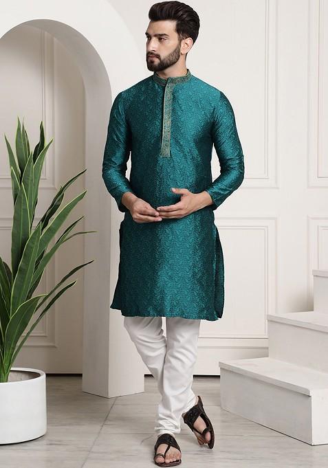 Green Solid Poly Blend Kurta Set For Men