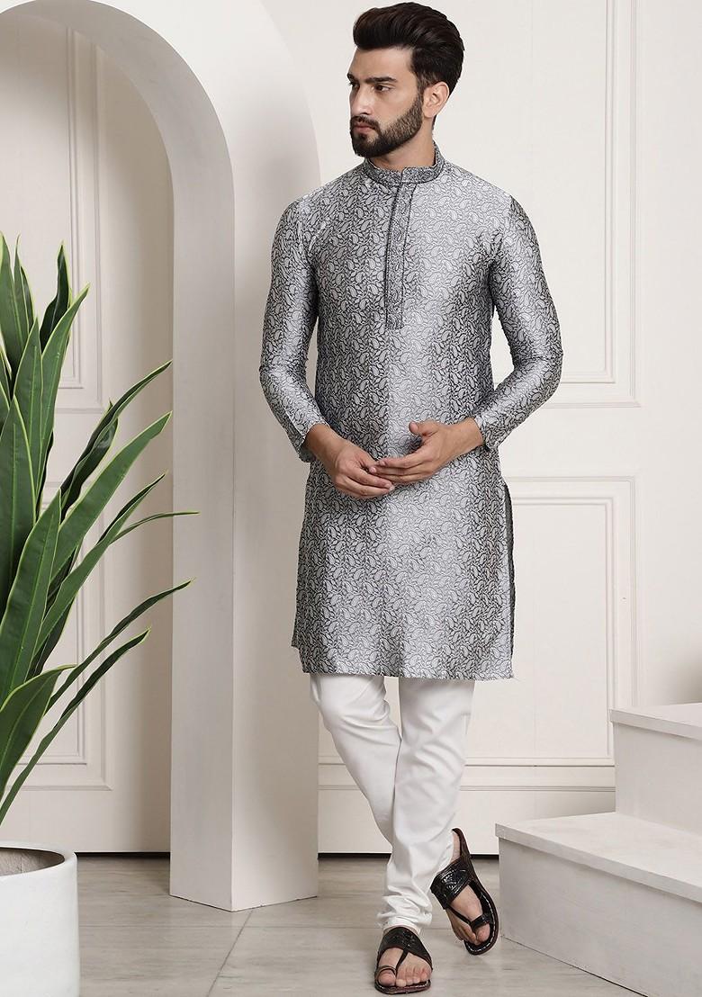 Grey Solid Poly Blend Kurta Set For Men