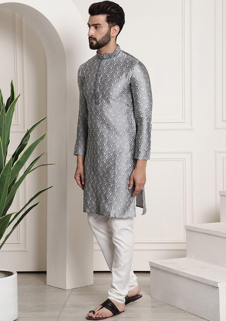 Grey Solid Poly Blend Kurta Set For Men