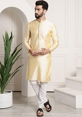 Gold Embroidered Poly Blend Kurta Set For Men