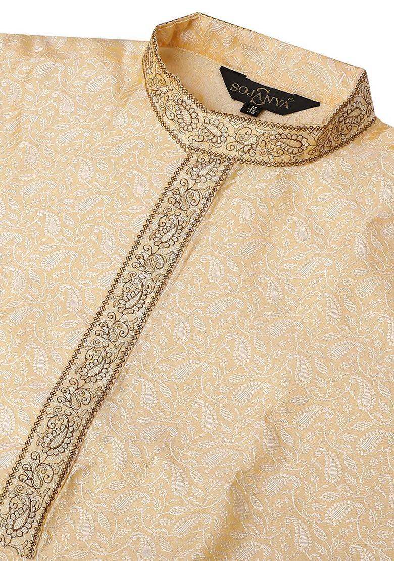 Gold Embroidered Poly Blend Kurta Set For Men