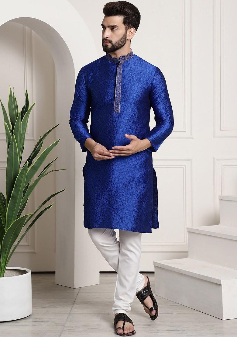 Blue Solid Poly Blend Kurta Set For Men