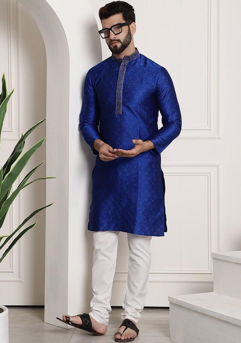 Blue Solid Poly Blend Kurta Set For Men