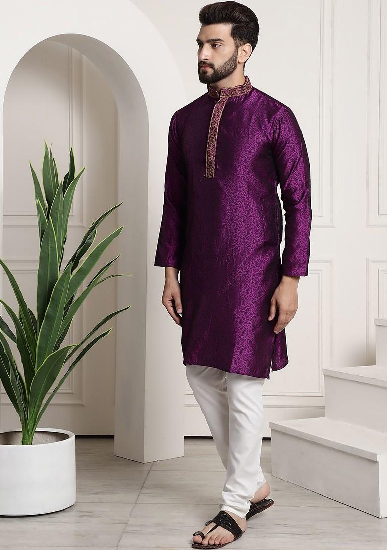 Purple Solid Poly Blend Kurta Set For Men