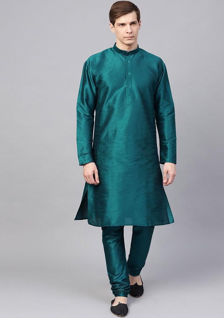 Teal Blue Solid Poly Blend Kurta Set For Men