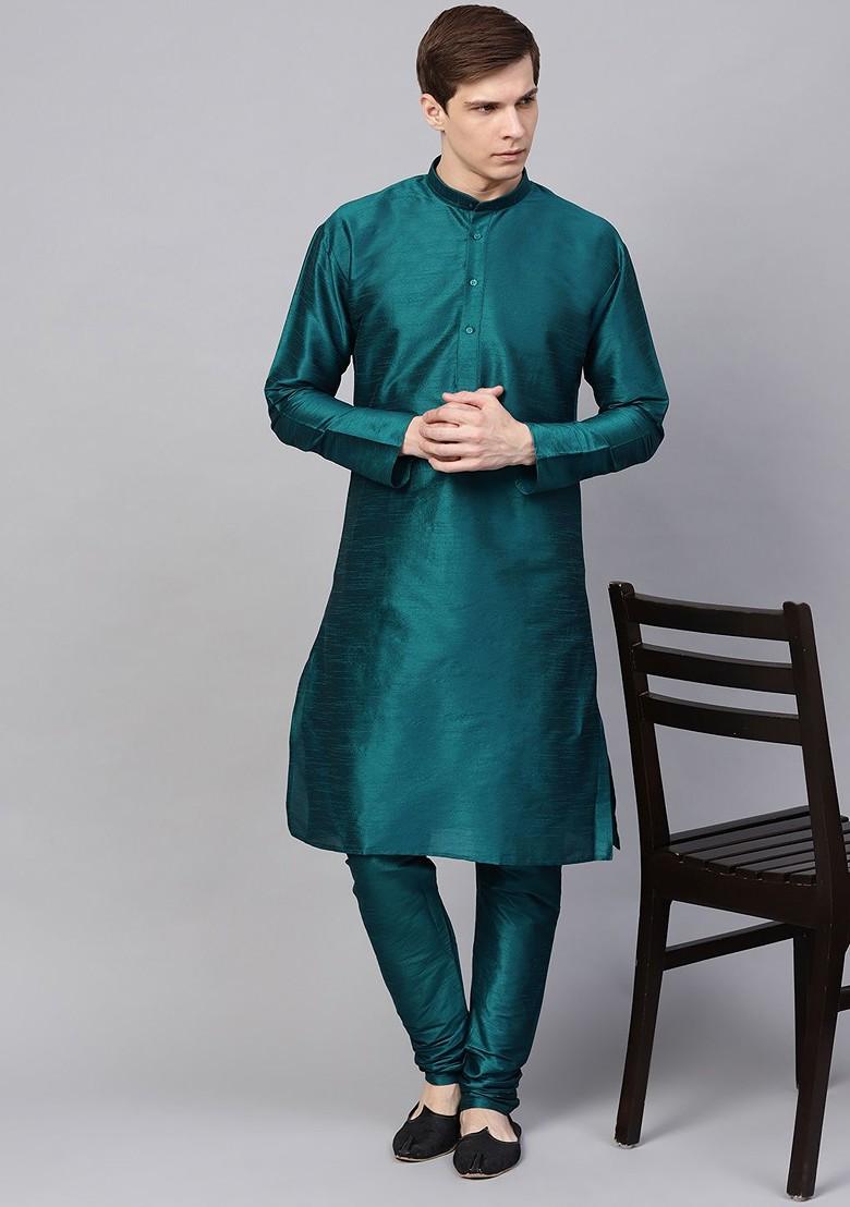 Teal Blue Solid Poly Blend Kurta Set For Men