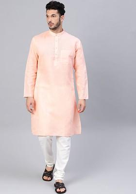 Peach Solid Poly Blend Kurta Set For Men