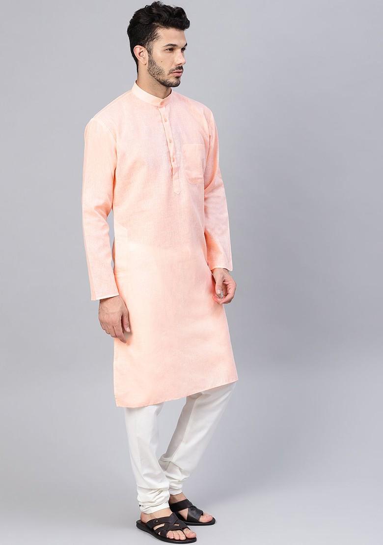 Peach Solid Poly Blend Kurta Set For Men