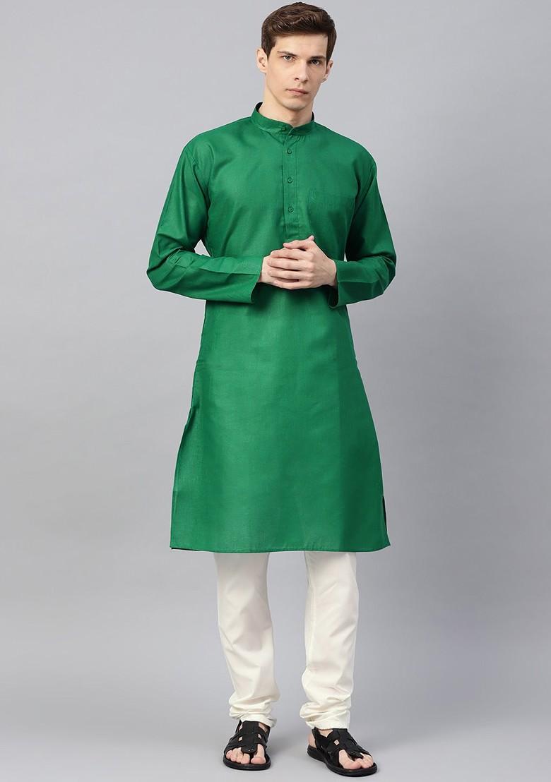 Green Solid Poly Blend Kurta Set For Men