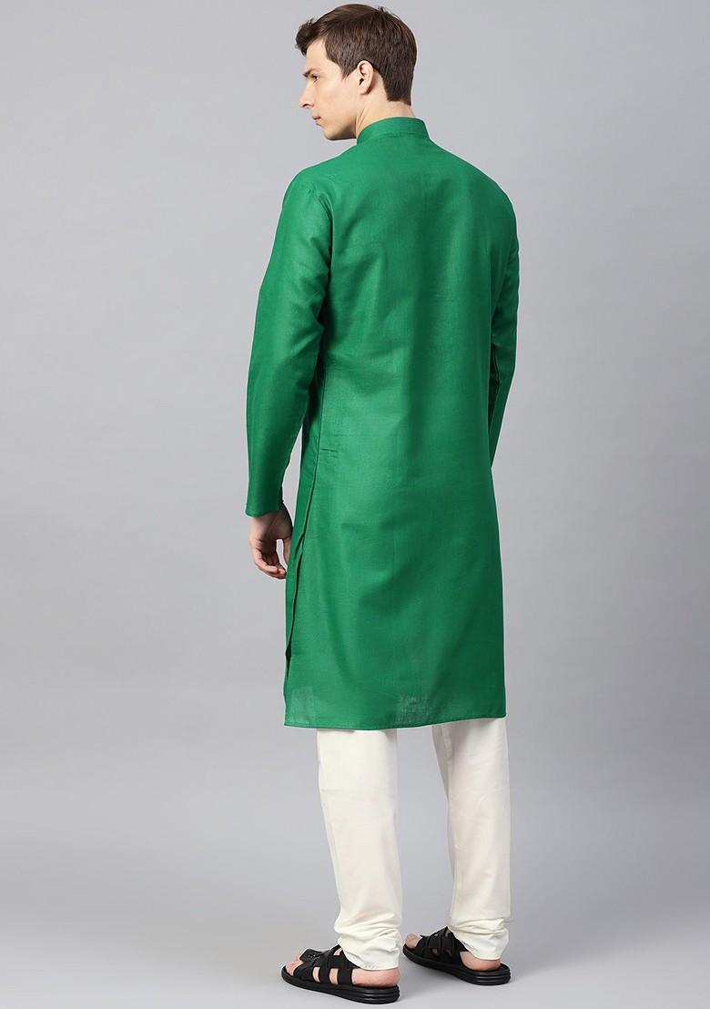 Green Solid Poly Blend Kurta Set For Men