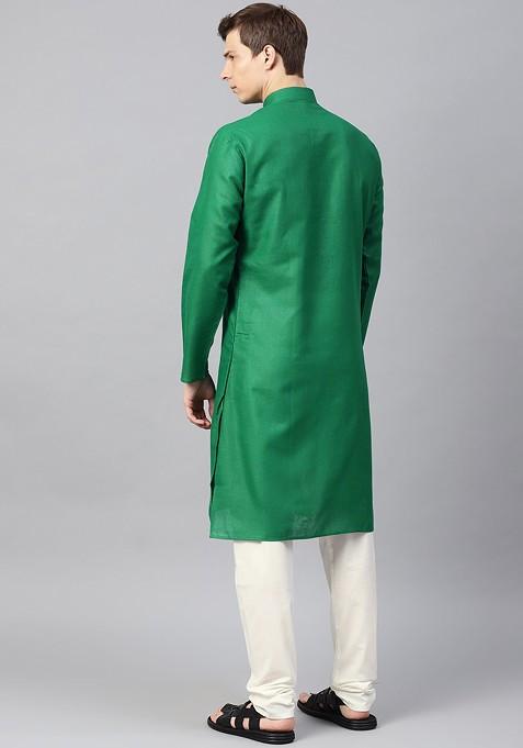 Green Solid Poly Blend Kurta Set For Men
