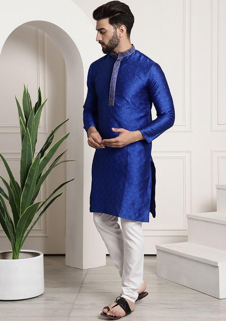 Blue Solid Poly Blend Kurta Set For Men