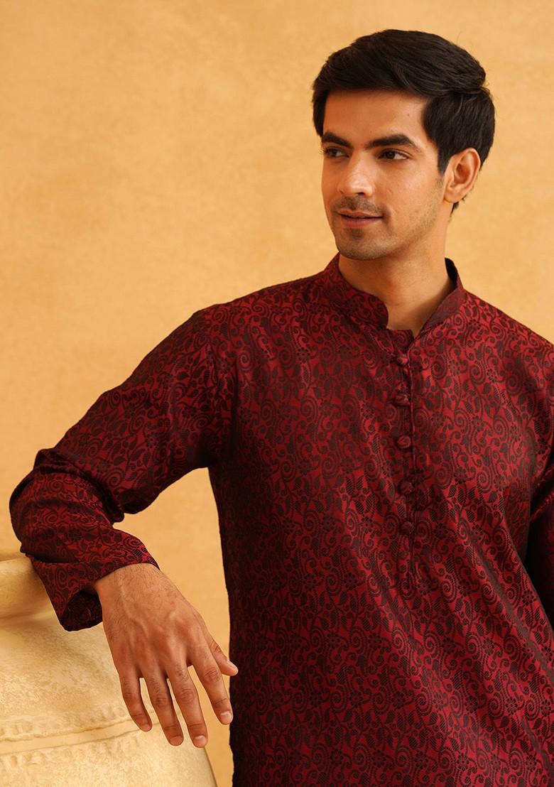 Maroon Solid Poly Blend Kurta Set For Men