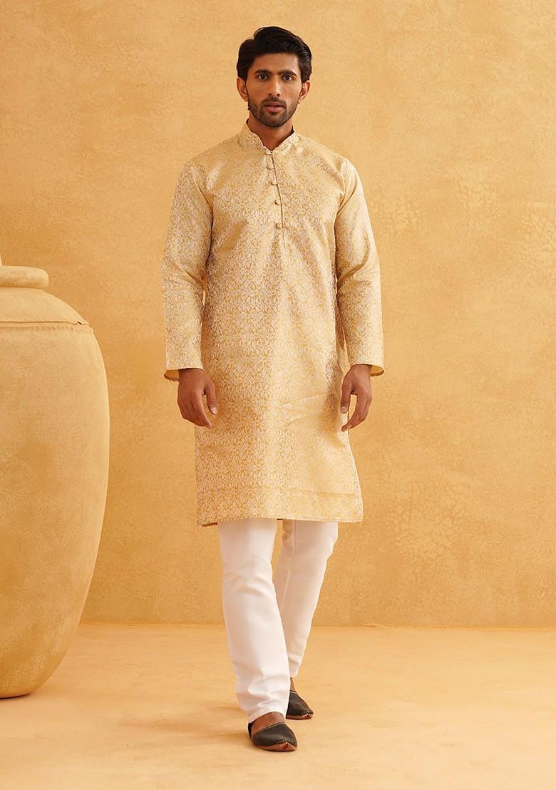 Beige Solid Poly Blend Kurta Set For Men