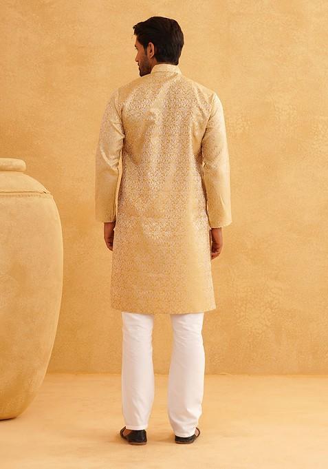 Beige Solid Poly Blend Kurta Set For Men