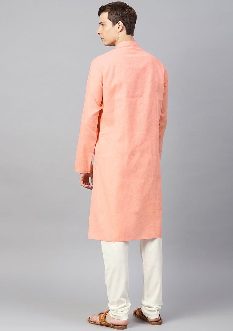 Peach Solid Poly Blend Kurta Set For Men