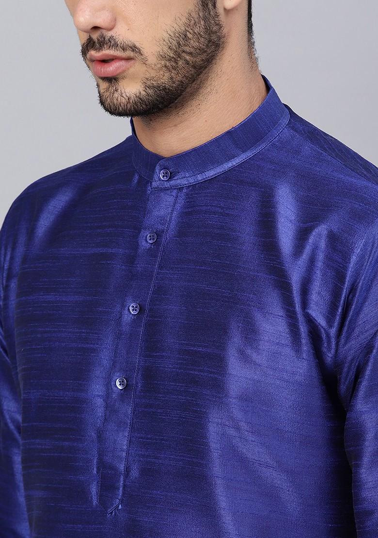 Blue Solid Poly Blend Kurta Set For Men