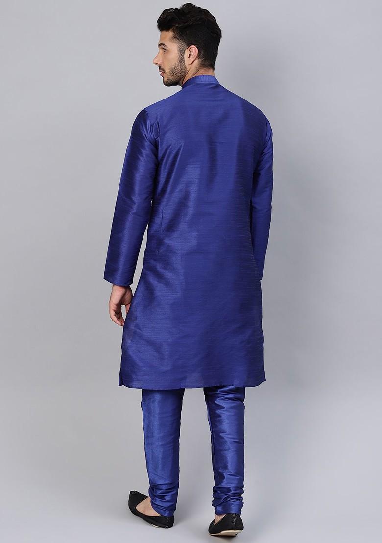 Blue Solid Poly Blend Kurta Set For Men