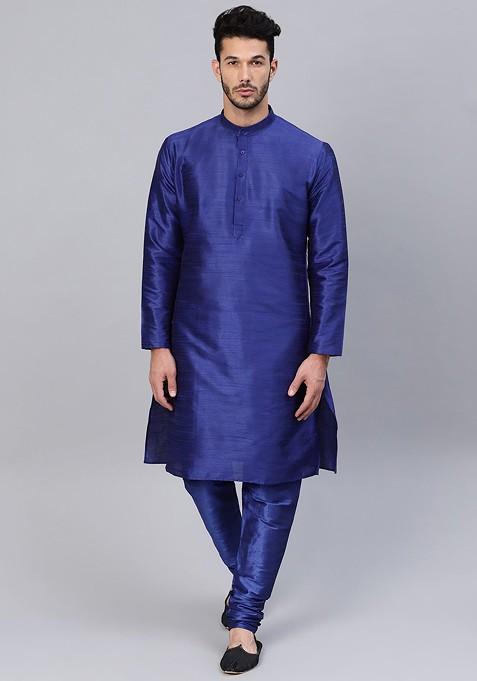 Blue Solid Poly Blend Kurta Set For Men