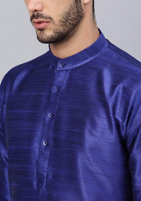 Blue Solid Poly Blend Kurta Set For Men