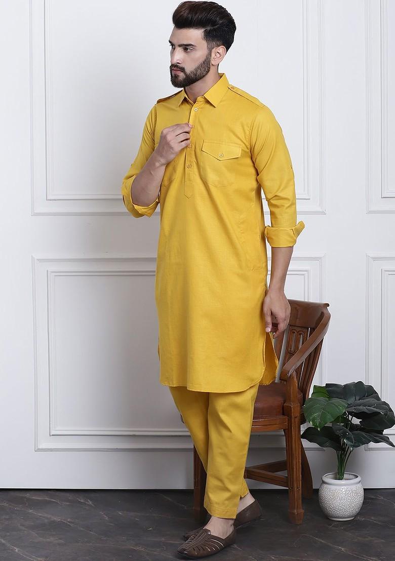Mustard Solid Poly Blend Kurta Set For Men