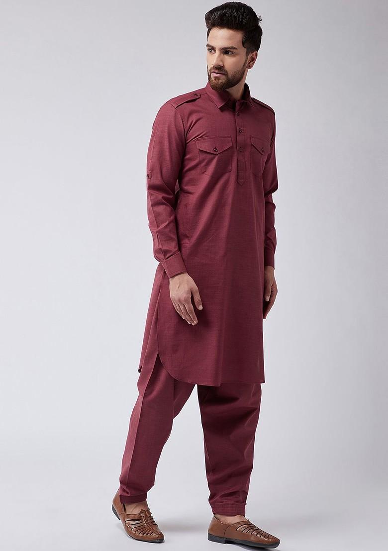 Maroon Solid Poly Blend Kurta Set For Men