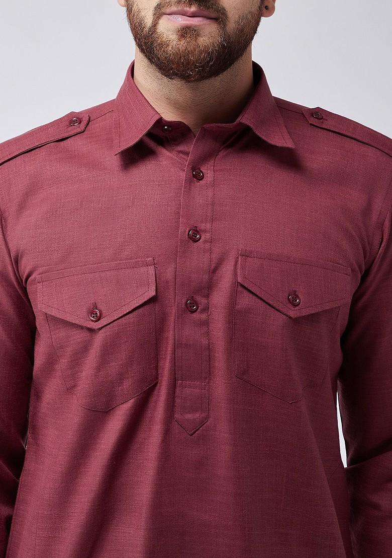 Maroon Solid Poly Blend Kurta Set For Men